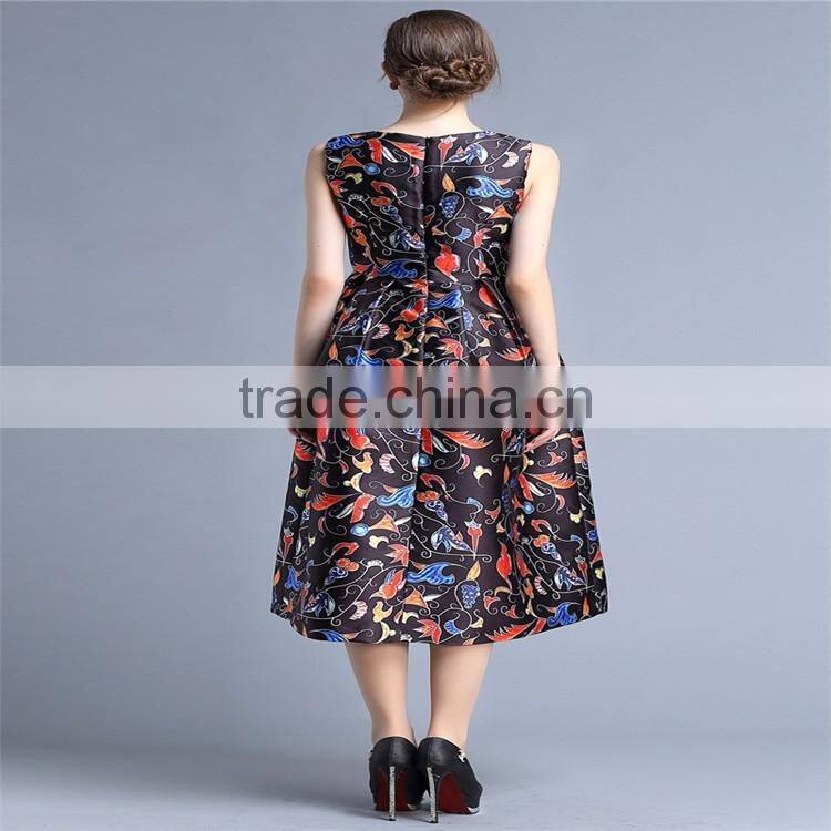 2016 fashion women dresses for sleeveless floral printed,flared hem long dress for OEM
