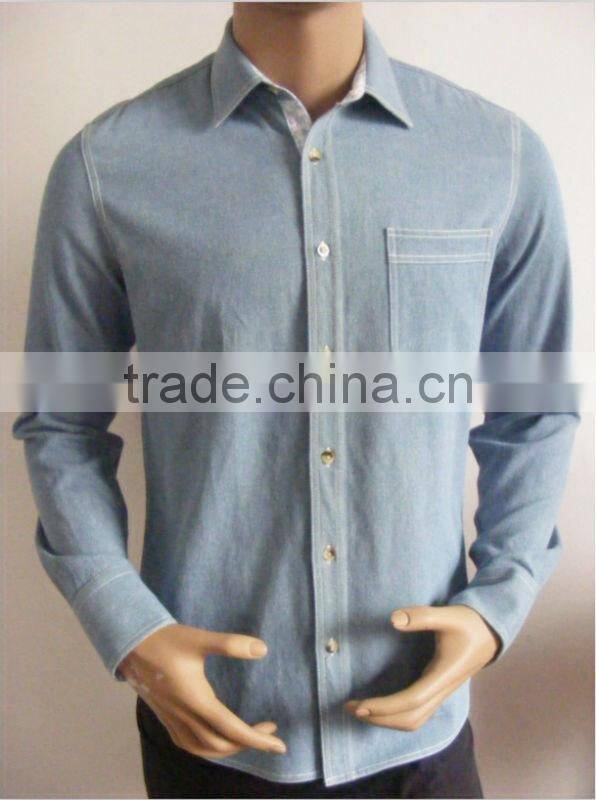 Light blue100%Pure Cotton Washed Denim/Retro Cowboy Shirt for men with Printed collar