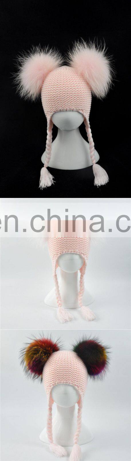 Brand Cute Baby Crochet Hats and Caps with Two Real Raccoon Fur Balls Top Color Matching Hat