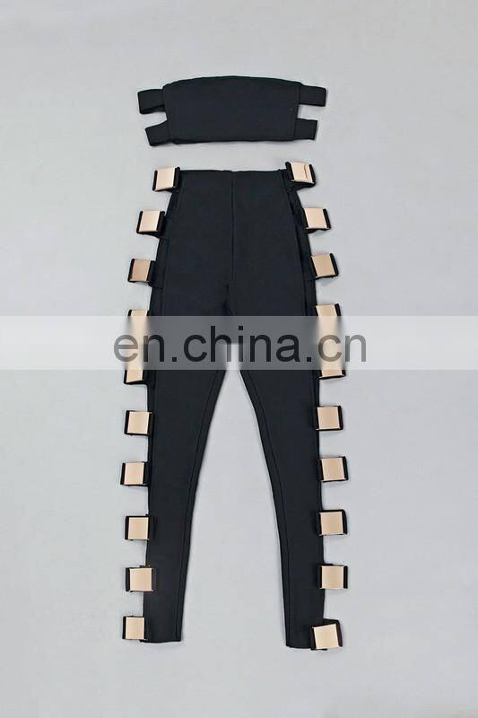 Amigo 2017 new design two piece sexy party wear long bandage pants suit with dew chest metal crop top and cut out pants