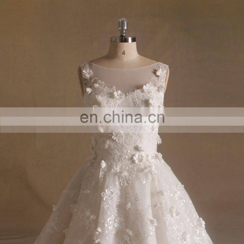 Noble Scoop Neck Corded Flowers Puff Aline Wedding Dress Long Train Sleeveless