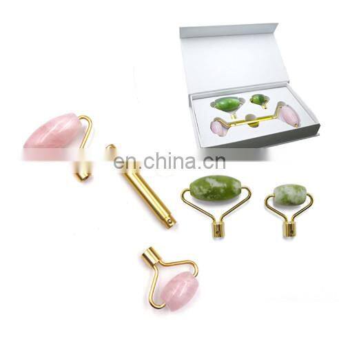 High Quality Facial Anti Aging Natural Rose Quartz Jade Stone Face Massage Roller Set