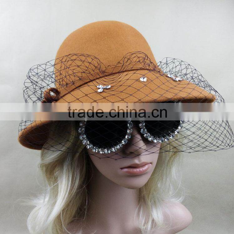 Hot Sale Women's Wide Brim Wool Felt Hats With Veil Fascinator