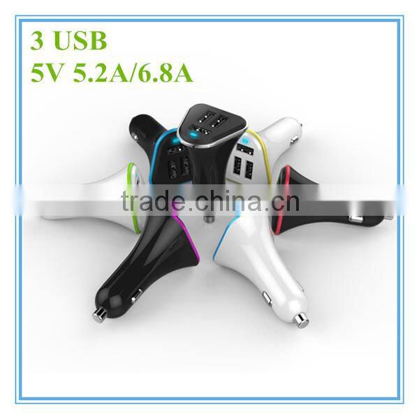 hot sale oem white and black colorful ring blue led 5v 5.2a 6.8a 3 port tablet charger