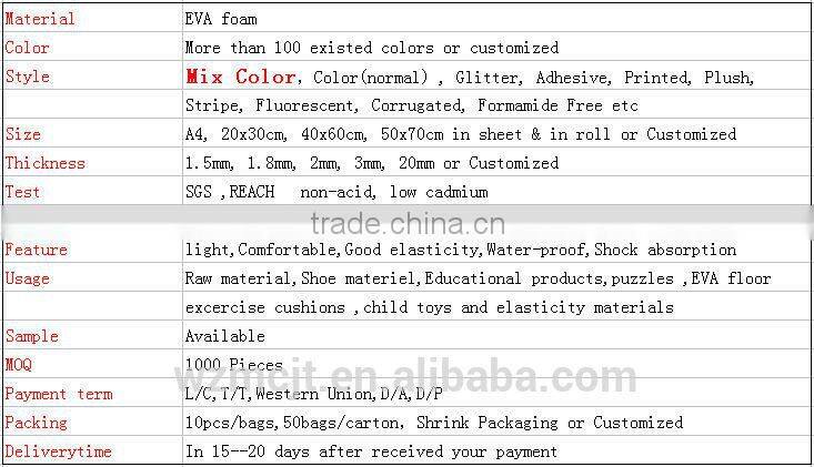 20*30,40*60,A4 size,1mm 2mm 3mm recycle eva sheet mixed color sheet/roll PE sample eva form sheet for shoe