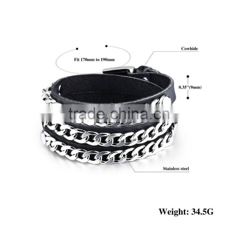 2016 new cool jewelry three wraps black genuine chain link leather bracelet for men