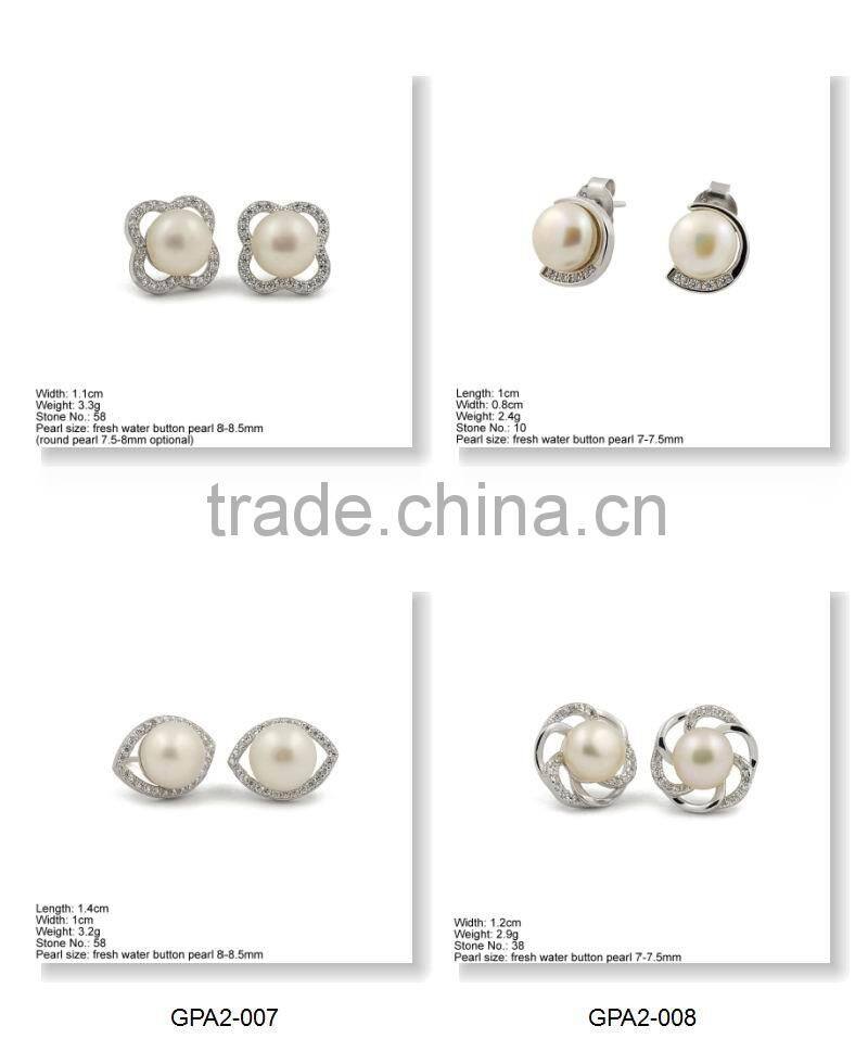 GPA2-004 Customized design 925 Silver Stud Earring with CZ Stones & Pearl Stone