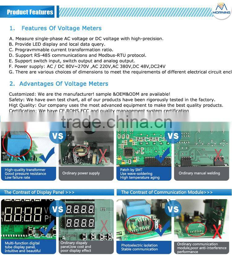 72*72 mm LED 100/380v single phase voltage meter