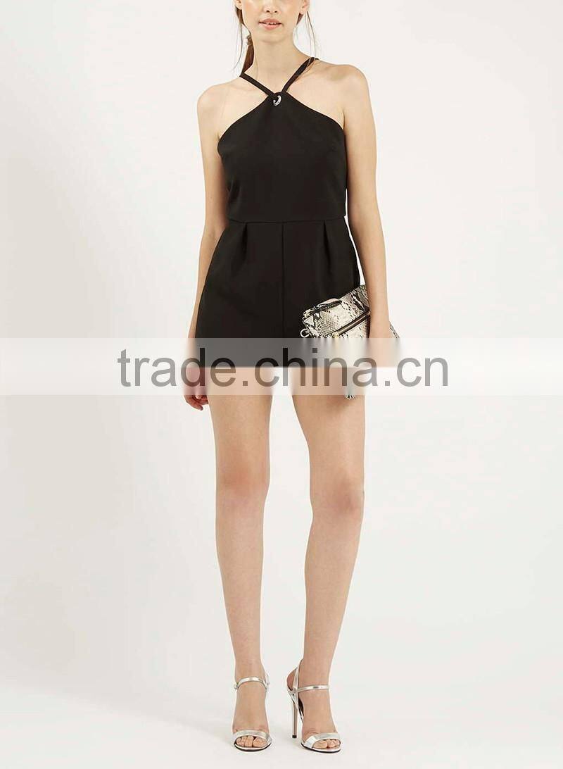 Spaghetti strap black fashion new design sexy short jumpsuit