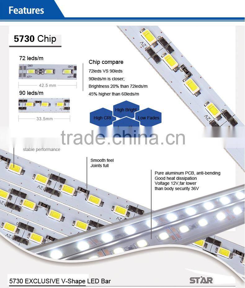 LED Bar 5730 300mm 12V Hard Rigid Strip LED Light 72/90 leds/m, Aluminium V-Shape Non-Waterproof