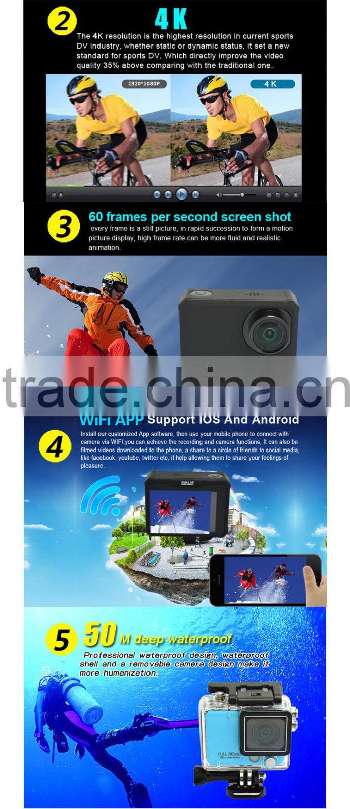 50 Meter waterproof high speed Ultra HD 4K WiFi Action Camera