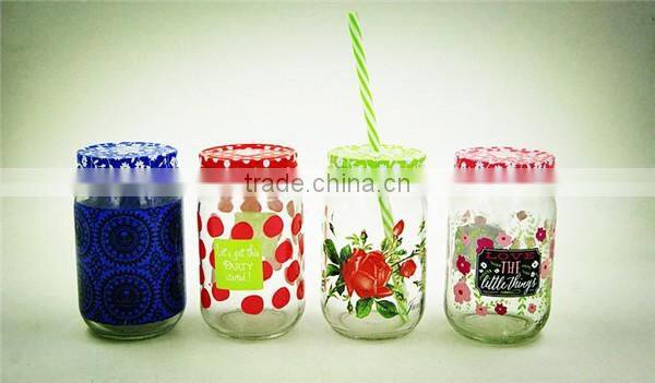 Colored Clear glass jar glass mason jar with straw and lid