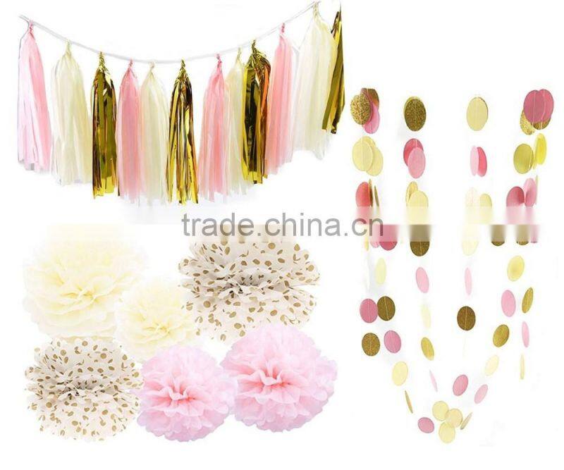 Tissue Pompom Balls Paper Tassels and Garland Tassel Garlands for Baby Shower Decoration Bridal Shower Pink Gold First Birthday