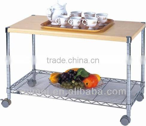 Removable kitchen metal dinner car with wooden tray rack