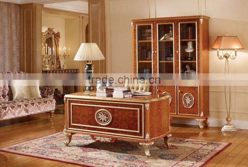Luxury Executive Office Desk/Reading Table, Exquisite Carved Wood 3 Door Bookcase, Graceful Home Office Furniture