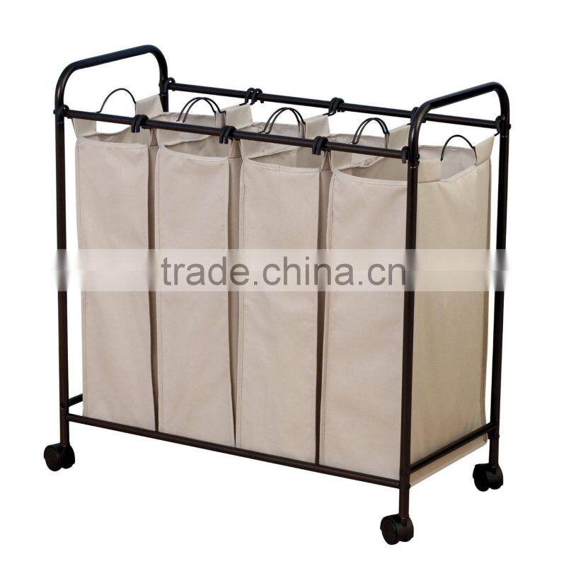 Rolling Quad Sorter Laundry Hamper with Natural Polyester Bags, Antique Bronze Frame