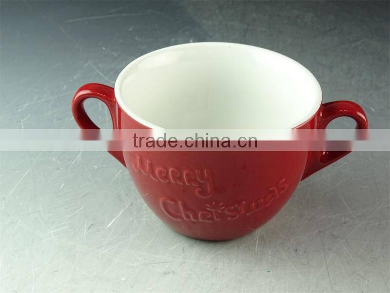 Colored ceramic mug cup/soup cup two handles 550 ml with spoon / Christmas cup embossed