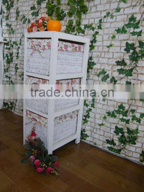 white wooden cabinet with 4 wicker drawers