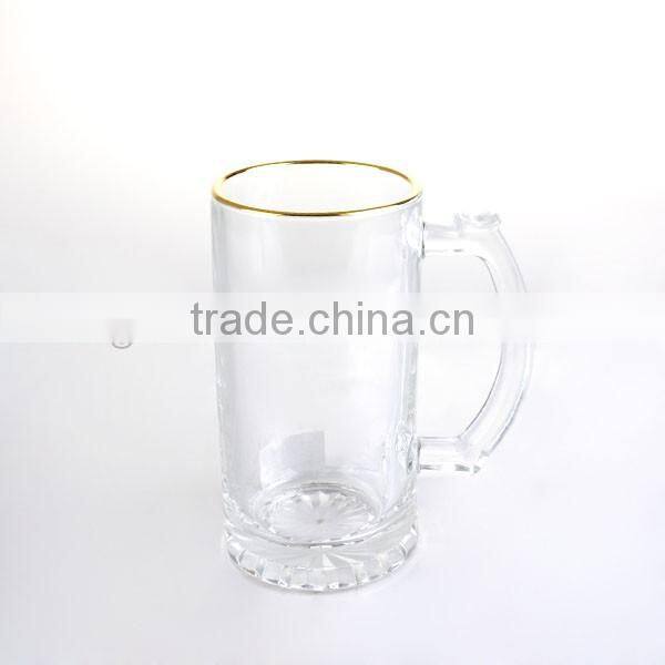 machine made beer glass with handle with gold rim