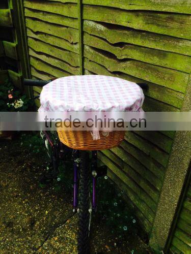 natural colored round wicker bicycle bike basket with floral cotton print lid & cover