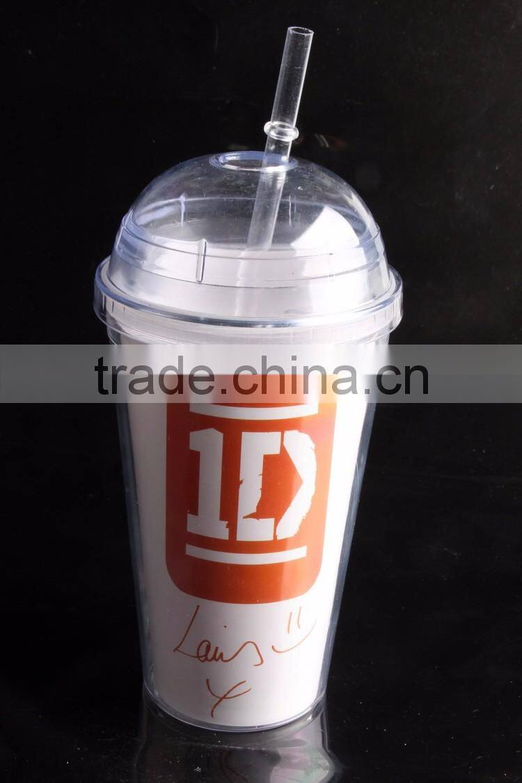 16 Oz Plastic Clear Dome Lid Double Wall Tumbler with Straw