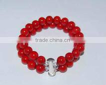 Wholesale 17CM 8mm two rows red round coral bracelet with sterling silver clasp