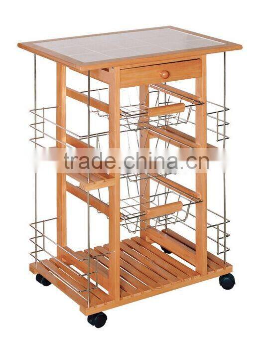 2017 good quality Factory wooden kitchen trolley with three metal wire brackets/ceramic tile on top with drawer and large volume