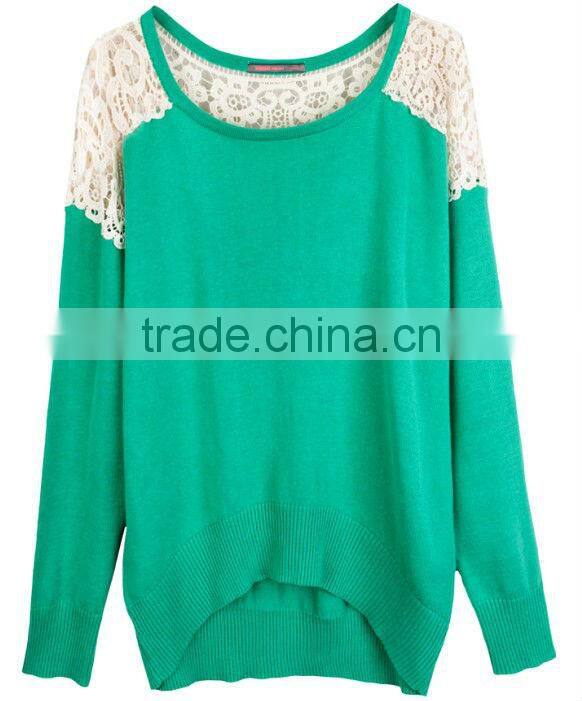 OEM ladies fashion O-neck lace mixed woman kint sweater