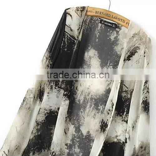 2015 new fashion long chiffon cardigan,maxi ink printing chiffon cardigan for women with long sleeve falbala placket