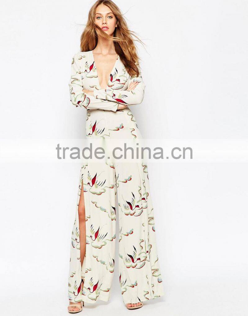 2015 China factory OEM ODM fashionable customized Painterly Bird Print Jumpsuit with Thigh splits