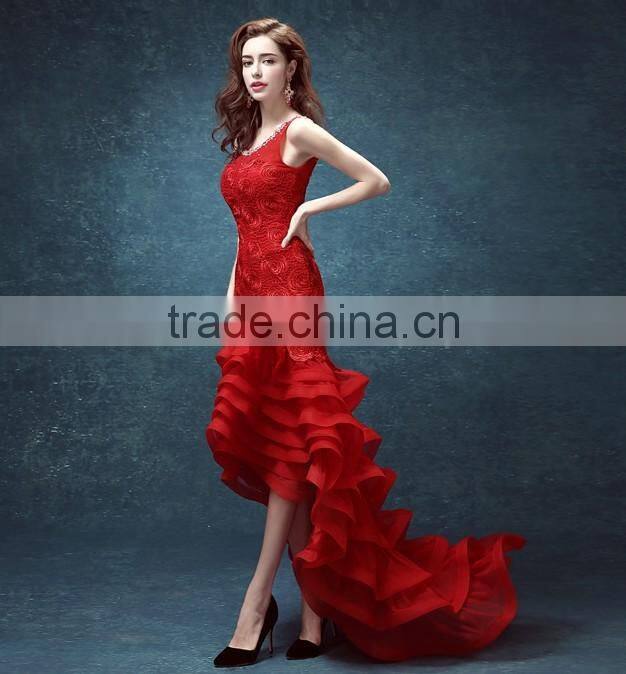 sexy formal beaded red nighty short evening dress with a train