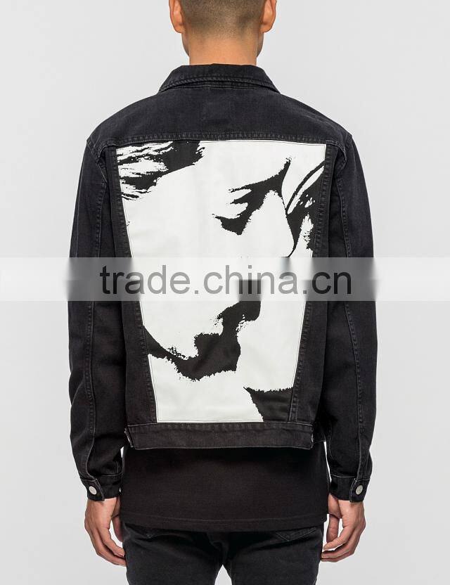2017 wholesale mens black denim motorcycle printed jacket