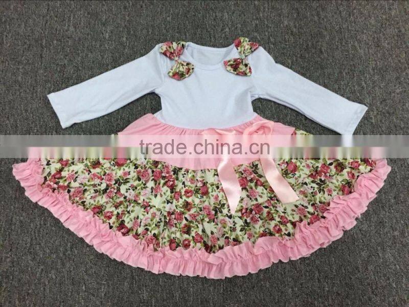 Beautiful Children Girls Sleeve Dress White Top Flower Dress with Bowknot in the Waist