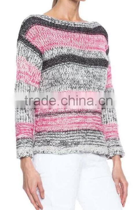 EY0866S ladies grey and pink striped pullover boat neck sweater knitting pattern