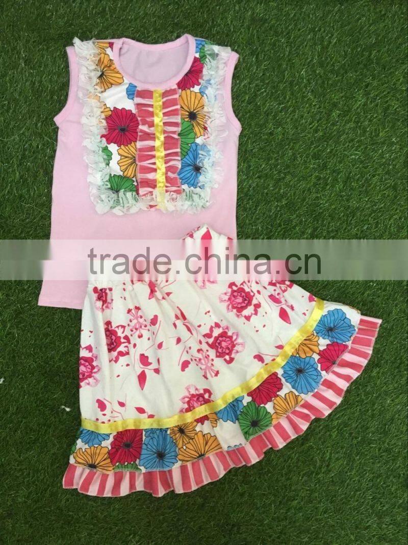 Boutique wholesale baby girls outfits/set clothes cheap fashion kids two piece sets with ruffles pants and headband