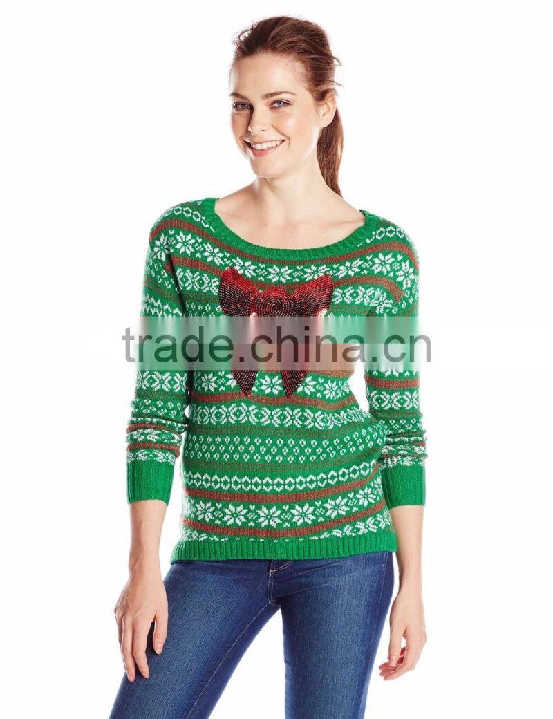 Women Green Sweater Red Sequin Pattern Christmas Jumpers