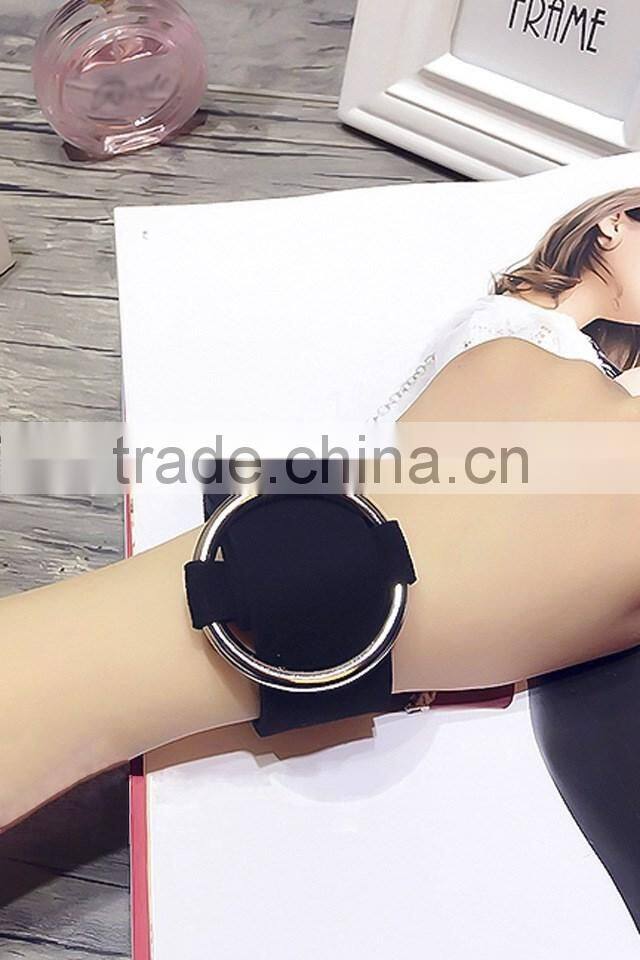 Wide Black Punk Leather Bangle Bracelet with Adjustable Gold/Silver Loop Circle for Lady