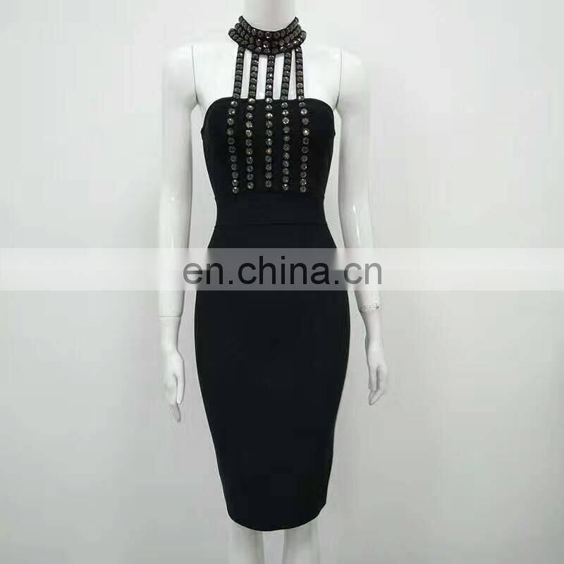 Amigo 2017 latest black halter backless beaded sexy bandagedress midi evening dresses for women party wear