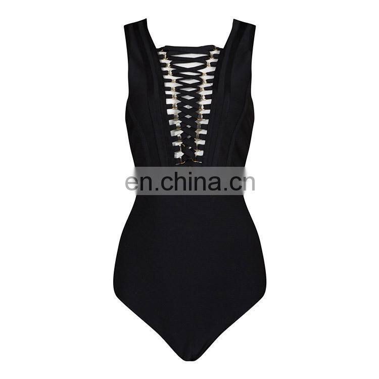Amigo New Fashion Beach Bikini Sexy Black Lace Up One Piece Women Swimwear 2016