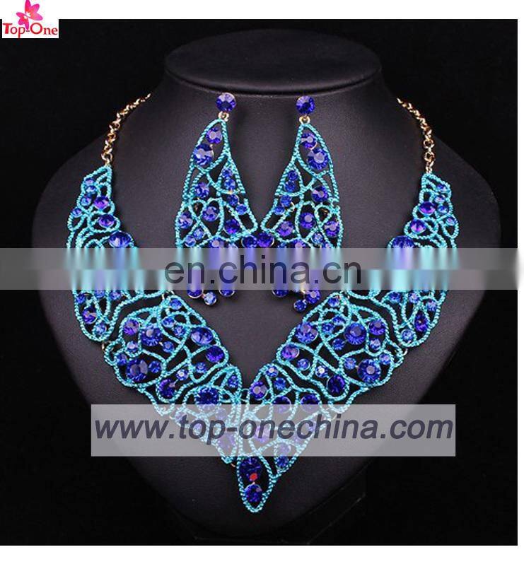 2017handmade jewelry set leaf designsRoyal bule color necklace for weddingrhinestone earing for bride