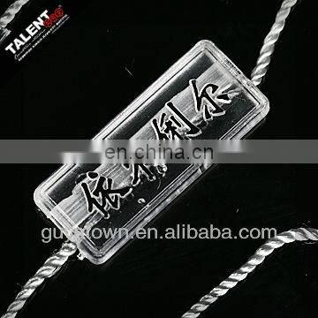 custom new fashion brand name transparent string seal tag for hangtag