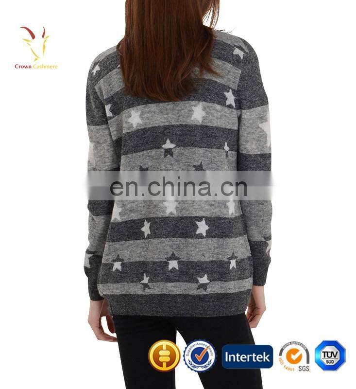 Womens V Neck Cashmere Cardigan Black and Grey Striped Sweaters