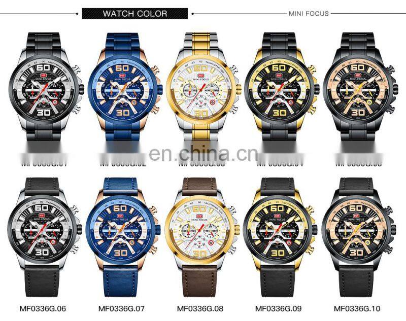 MINI FOCUS MF0336G Fashion Quartz Wristwatches Brand Luxury Men Watches Stainless Steel Leather Strap Sport Watches