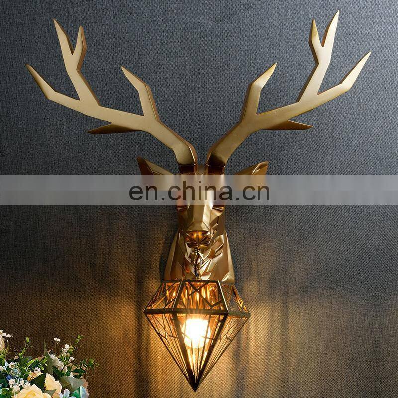 Nordic decorative antlers Antique rustic country village led deer head resin crystal glass wall mount lamp light for bars hotel