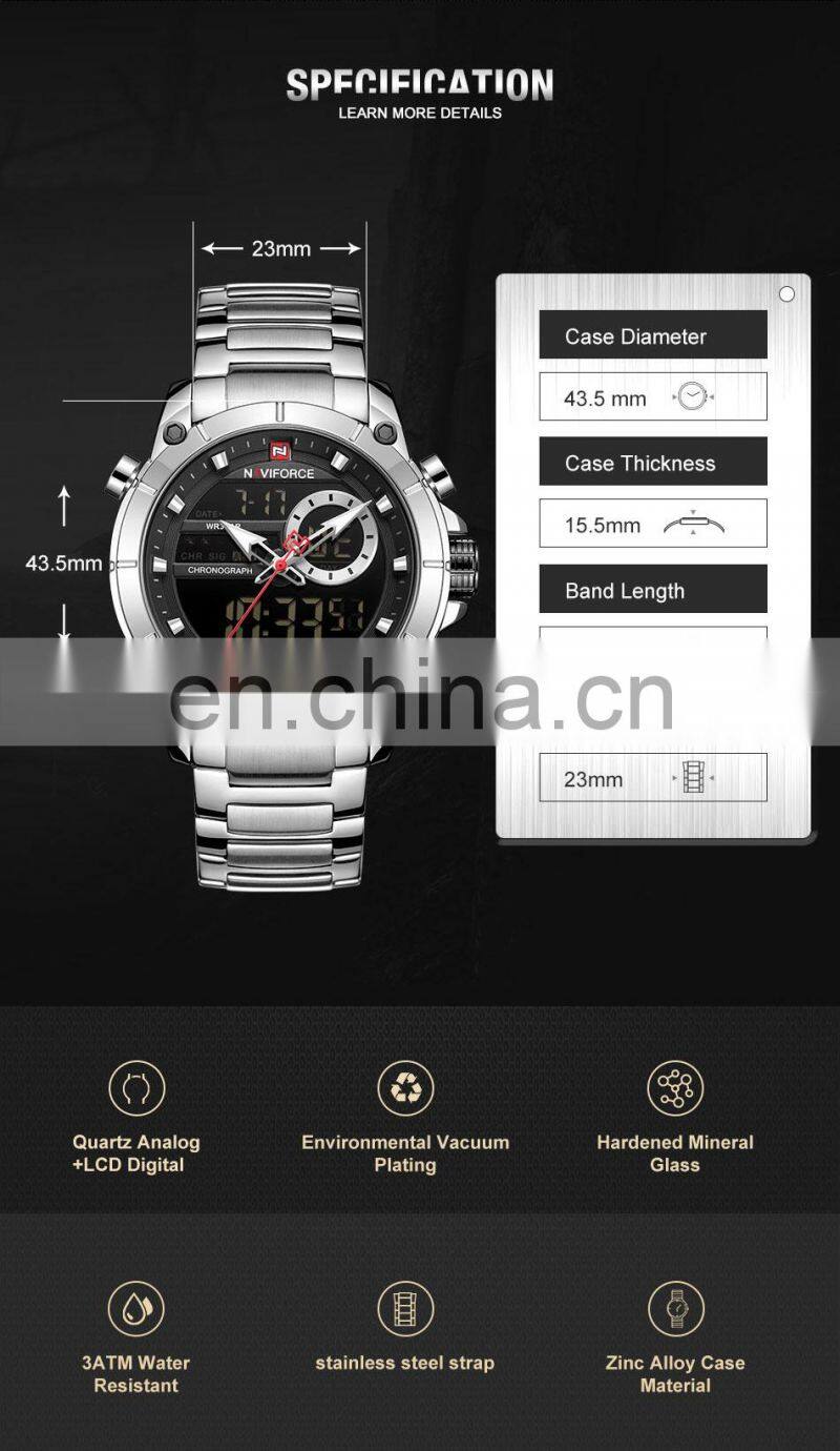 NAVIFORCE 9163 Sport Double Display Quartz Movt Wrist Watch Stainless Steel Luminous 2022 Watches Bling Watches Luxury