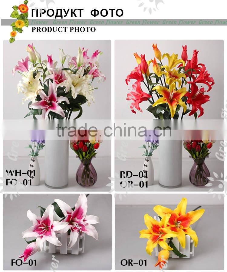 2016 Wholesale 3 heads Latex Artificial PU Flowers Lily Real Touch Bouquet Wedding Bridal Decor Display Flower