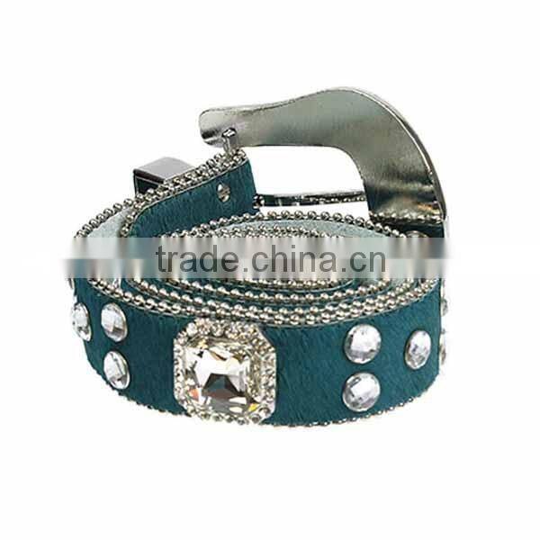 GENUINE LEATHER faux fur square teal rhinestone and crystal accents belt