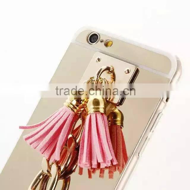 Luxury Tassel Metal Chain Mirror Rubber TPU Mobile Phone Cover Case For Apple iPhone 5G 5S 6S 6 Plus