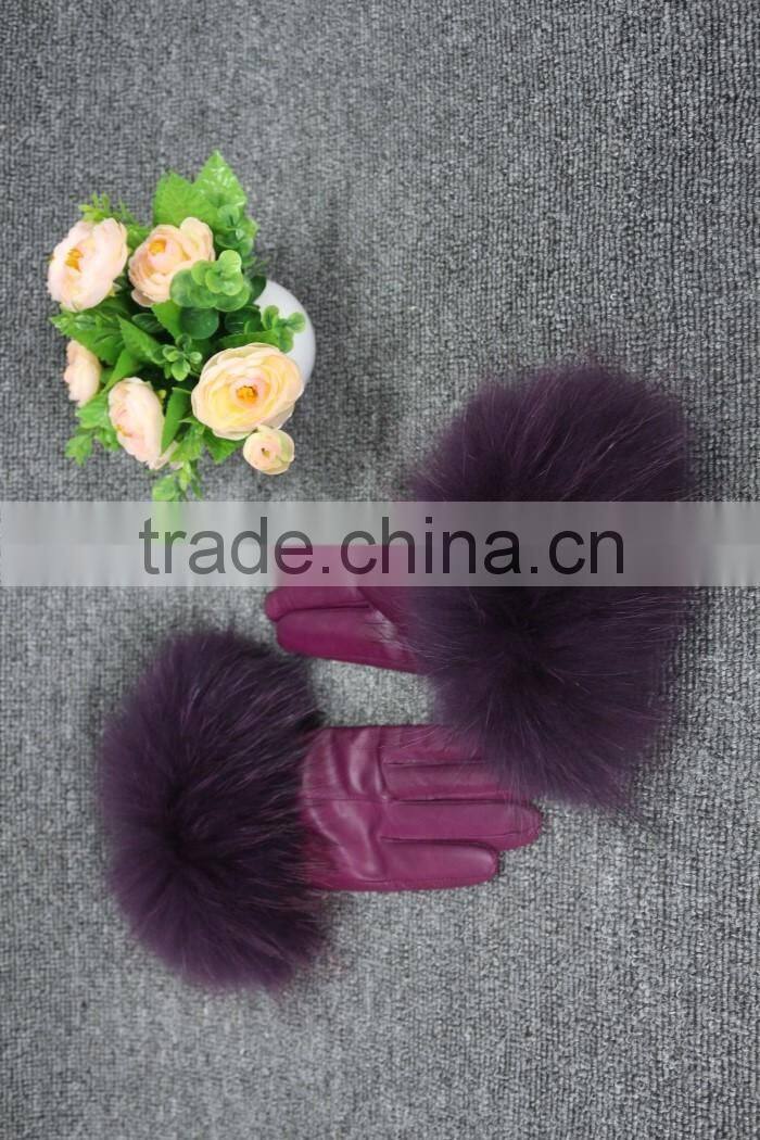 Fashion lady leather glove fur cuff glove fox leather glove hot sale