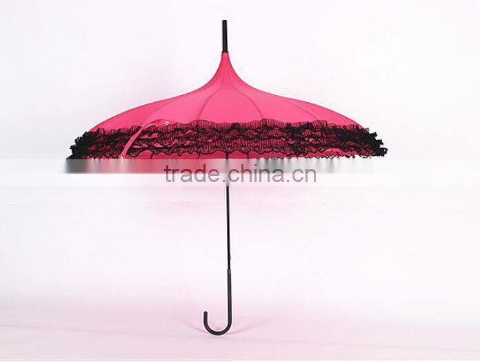 lady umbrella different color Long handle serging pagoda umbrella pagoda parasol with lace edge